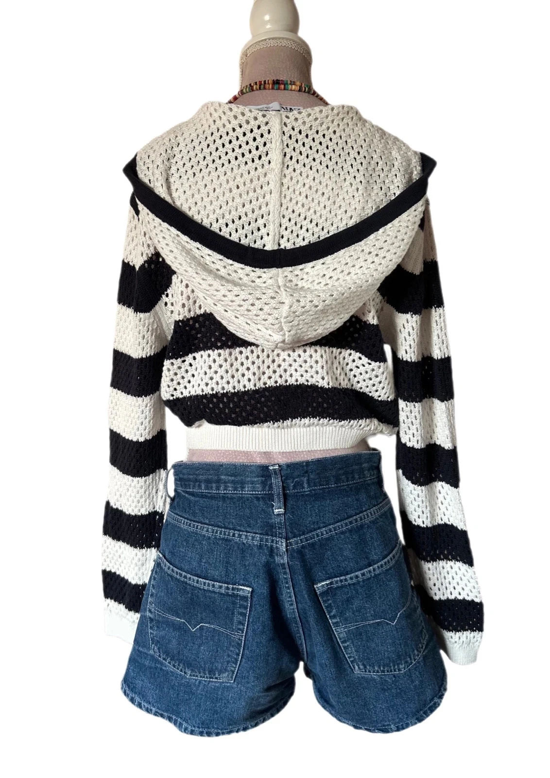 💙🌿Suéter curto de crochê com capuz e listras Y2K Beachwear festival hoodie crop striped sweater S/M🌿💙 – photo 7